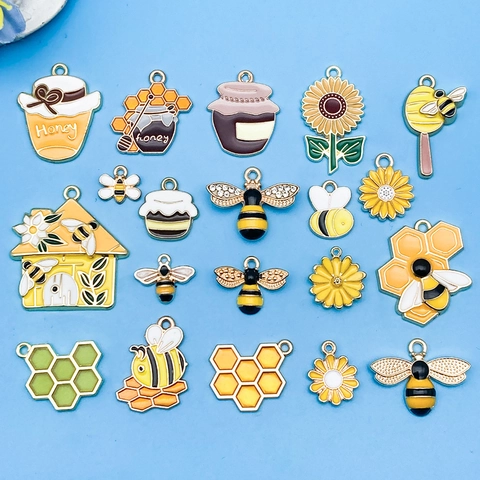 Yellow Bee Honey Jar Enamel Alloy Charms For DIY Jewelry Making Cute Cartoon Flower House Keychain Pendant Accessories