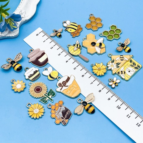 Yellow Bee Honey Jar Enamel Alloy Charms For DIY Jewelry Making Cute Cartoon Flower House Keychain Pendant Accessories