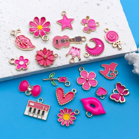 Hot Pink Enamel Zinc Alloy Heart Rose Butterfly Crown Charms For DIY Bracelet Necklace Keychains Jewelry Making Accessories