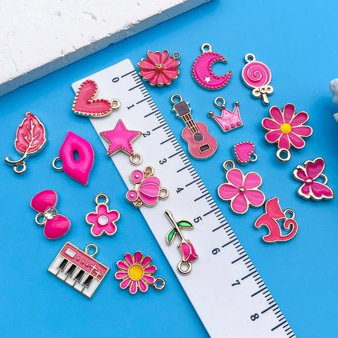 Hot Pink Enamel Zinc Alloy Heart Rose Butterfly Crown Charms For DIY Bracelet Necklace Keychains Jewelry Making Accessories