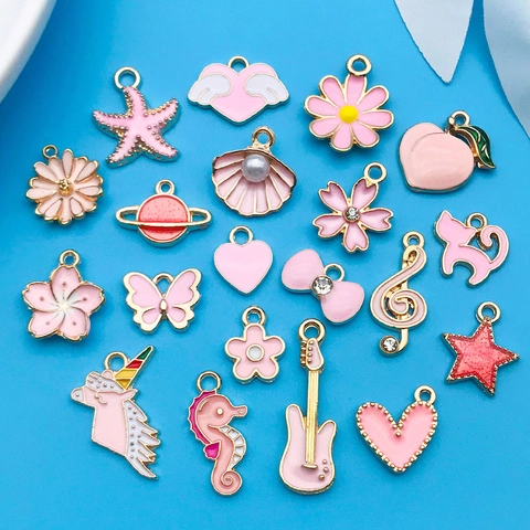 Pink Enamel Cartoon Alloy Pendants Set For DIY Jewelry Making Bracelet Unicorn Flower Heart Musical Note Guitar Charm