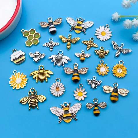 Pendentifs en Alliage Émaillé Abeille Marguerite Nid d'abeille pour DIY Bracelet Collier Porte-clés Strass Accessoires Bijoux
