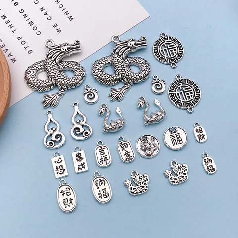 Vintage Chinese Style Dragon Fu Character Gourd Hollow Alloy Pendants Antique Silver DIY Jewelry Making Blessing Pendant