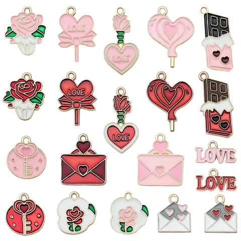 Ciondoli San Valentino Rosa Rosso Rosa Cioccolato Amore Cuore Busta Lega Smalto per Accessori per la Creazione di Gioielli Fai-da-te