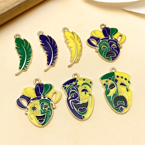 Retro Mardi Gras Mask Feather Pendants Enamel Zinc Alloy DIY Jewelry Making Accessories Purple Green Yellow Carnival Charms