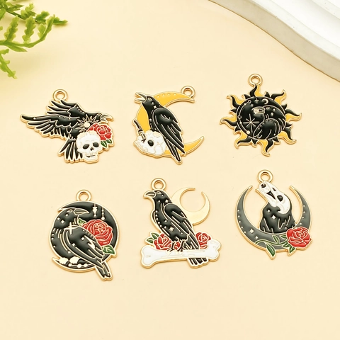 Gothic Halloween Alloy Enamel Crow Skull Moon Sun Rose Pendants DIY Jewelry Making Charms For Necklace Bracelet Keyring