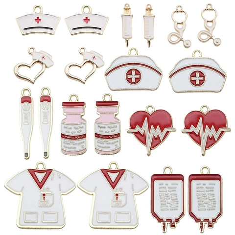 Medical Theme Enamel Zinc Alloy Charms For Jewelry Making DIY Nurse Hat Stethoscope Syringe Thermometer Pendant Accessories