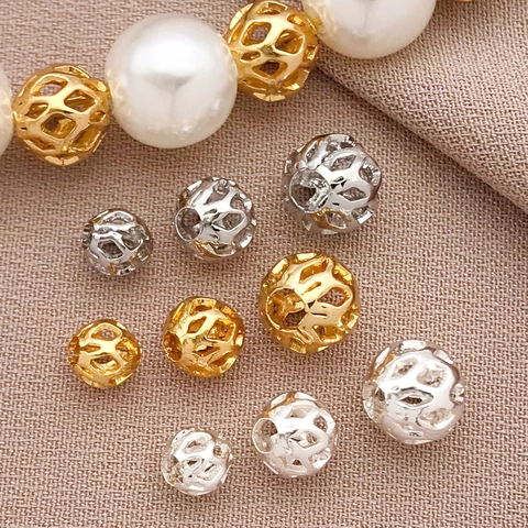 Perles de Boule de Maille Creuse en Cuivre Plqué Or 18K Perles d'Espacement Rondes Géométriques pour la Fabrication de Bijoux DIY Bracelet