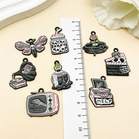Halloween Pink Skull Ghost Charms Zinc Alloy Enamel Gothic Pendants For DIY Earring Keychain Jewelry Making Dark Style