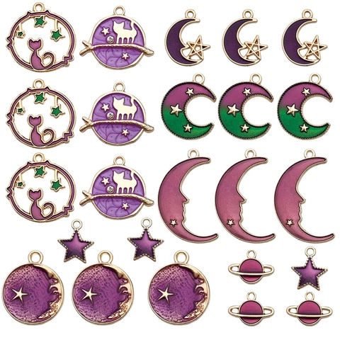 Dijes de Aleación de Zinc Esmaltados con Forma de Luna Estrella Planeta Gato Colgantes Temáticos de Galaxia para Hacer Joyas DIY Collares Pendientes Accesorios