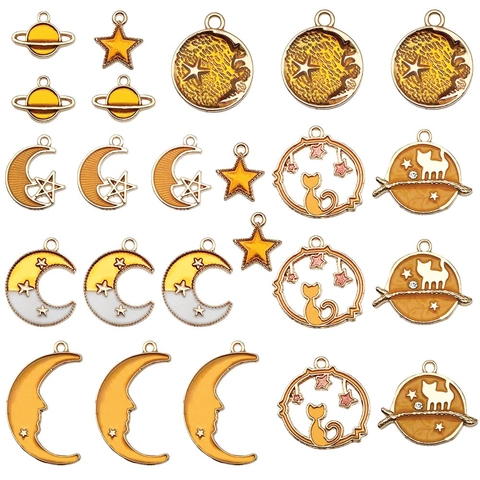 Dijes de Aleación de Zinc Esmaltados con Forma de Luna Estrella Planeta Gato Colgantes Temáticos de Galaxia para Hacer Joyas DIY Collares Pendientes Accesorios