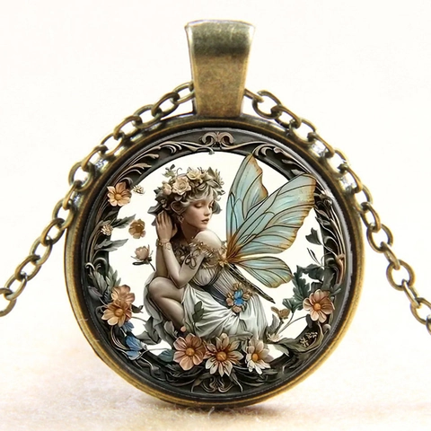Vintage Legierung Bronze Glaskabochon Anhänger Halskette Für Damen Elegante Engel Fee Illustration Muster Pulloverkette Schmuck