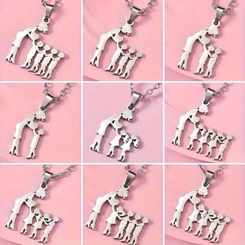 Stainless Steel Family Necklace For Women Mother Child Silhouette Pendant Heart Sister Brother Necklace Jewelry Gift