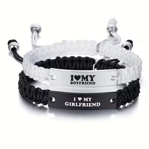 Handgefertigte Gewebte Paar Armbänder Edelstahl Gravur Herz Mond Sonne Verstellbare Seil Armbänder Für Liebhaber Valentin Geschenk