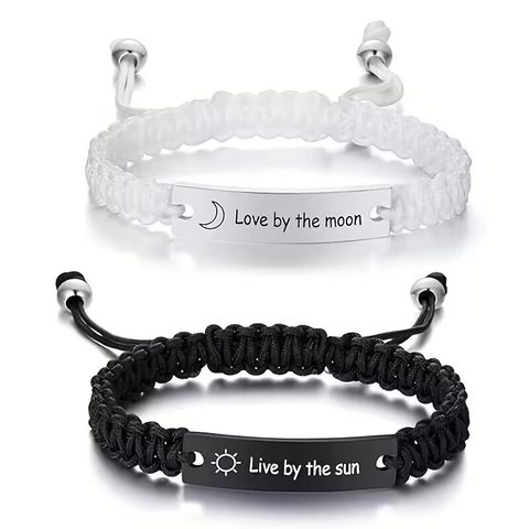 Handgefertigte Gewebte Paar Armbänder Edelstahl Gravur Herz Mond Sonne Verstellbare Seil Armbänder Für Liebhaber Valentin Geschenk