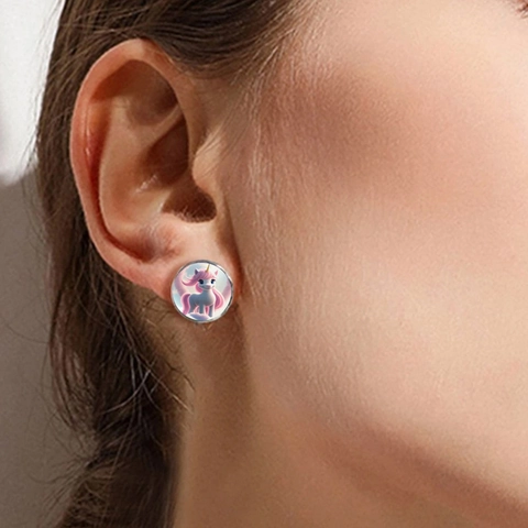 Süße Cartoon Einhorn Edelstahl Ohrstecker Für Kinder Runde Glas Zeit Edelstein Rosa Tier Mode Schmuck Für Mädchen