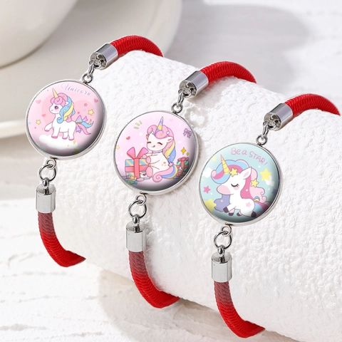 Handgefertigtes Rotes Geflochtenes Seilarmband Für Mädchen Süße Cartoon Einhorn Glas Cabochon Charm Verstellbarer Schmuck Kinder Geschenk