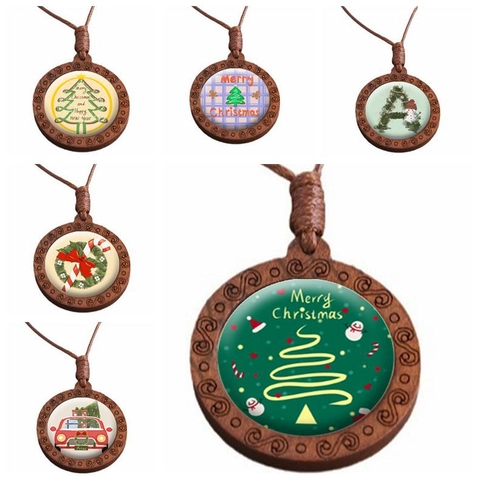 Retro Wooden Round Christmas Tree Pendant Necklace For Women Men Vintage Glass Holiday Charm Jewelry Gift Adjustable Rope Chain