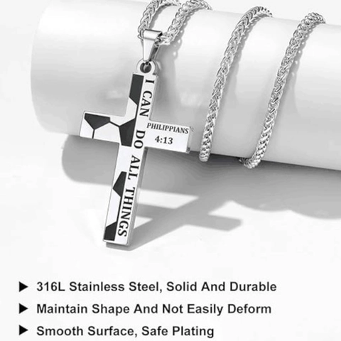 Stainless Steel Football Cross Pendant Necklace For Men Religious Bible Verse Philippians 4 13 Hip Hop Sporty Jewelry