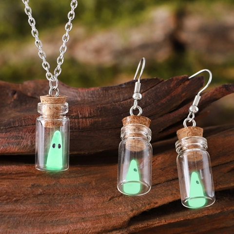 Halloween Leuchtend Geist Miniatur Treibflasche Schmuckset Kunststoff Glas Anhänger Halskette Ohrstecker Festlich Damen Schmuck