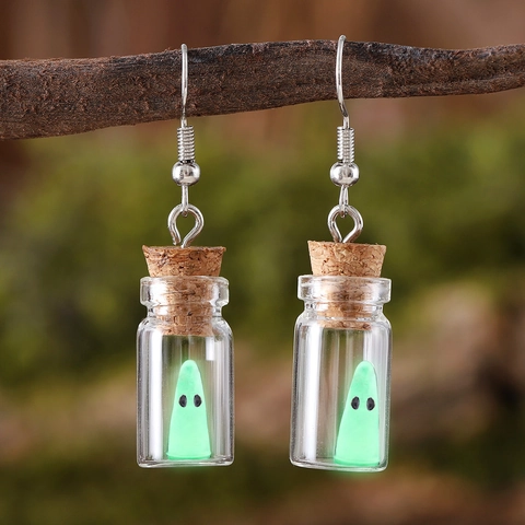 Halloween Leuchtend Geist Miniatur Treibflasche Schmuckset Kunststoff Glas Anhänger Halskette Ohrstecker Festlich Damen Schmuck