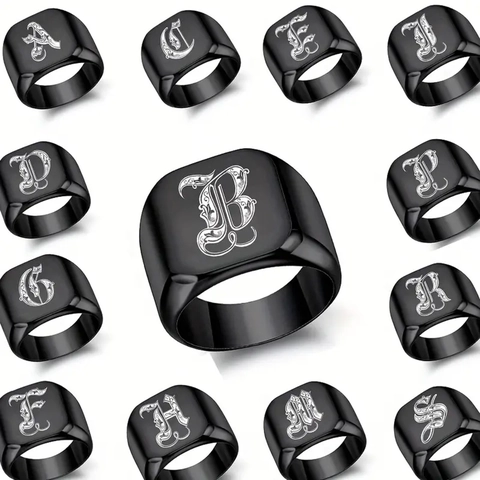 Vintage Gothic Initial Siegelring Edelstahl Schwarz Punk Quadrat Alphabet Fingerring Für Herren Schmuck Geschenk