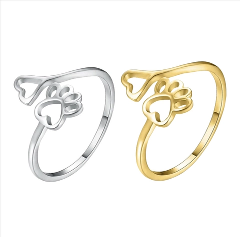 Minimalist Alloy Hollow Paw Print Heart Open Ring For Women Adjustable Animal Jewelry Gold Silver Fashion Finger Ring Accessory