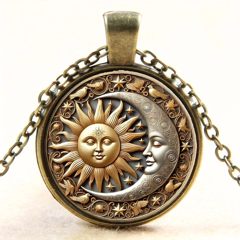 Vintage Sonne Und Mond Himmlische Runde Anhänger Halskette Retro Bronze Legierung Glas Zeit Edelstein Schmuck Unisex Kette Geschenk