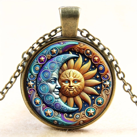 Vintage Sonne Und Mond Himmlische Runde Anhänger Halskette Retro Bronze Legierung Glas Zeit Edelstein Schmuck Unisex Kette Geschenk