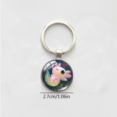 Cute Cartoon Axolotl Glass Time Gemstone Keychain Silver Alloy Round Pendant Key Ring For Women Girls Bag Accessories Gift
