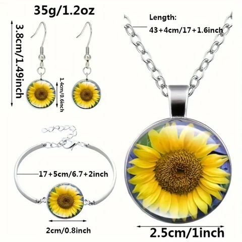 Vintage Sunflower Glass Cabochon Necklace Bracelet Stud Earrings Alloy Fashion Personality Accessories Jewelry Gift For Women