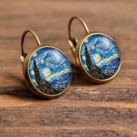 Vintage Van Gogh Sternenhimmel Glas Zeit-Edelstein Ohrringe Legierung Bronze Französischer Stil Künstlerische Ohrhänger Damen Schmuck