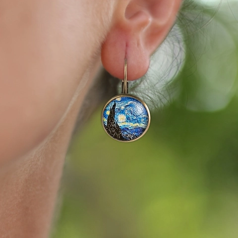 Vintage Van Gogh Sternenhimmel Glas Zeit-Edelstein Ohrringe Legierung Bronze Französischer Stil Künstlerische Ohrhänger Damen Schmuck
