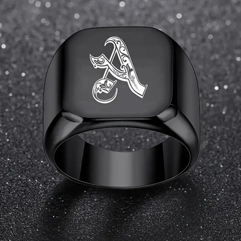 Vintage Gothic Initial Siegelring Edelstahl Schwarz Punk Quadrat Alphabet Fingerring Für Herren Schmuck Geschenk