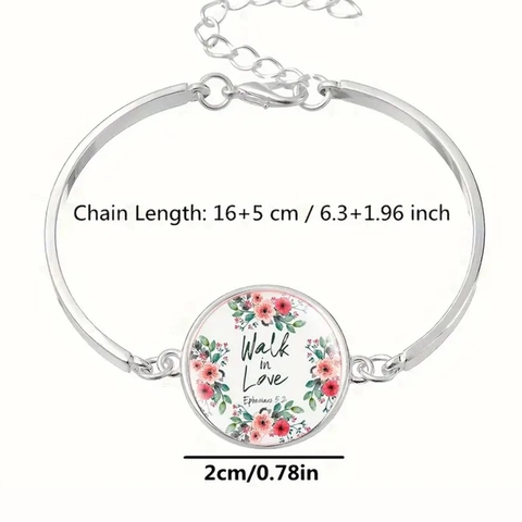 Vintage Silver Tone Alloy Bracelet Bible Verse Floral Glass Cabochon Bangle Religious Inspirational Quotes Jewelry Women Gift
