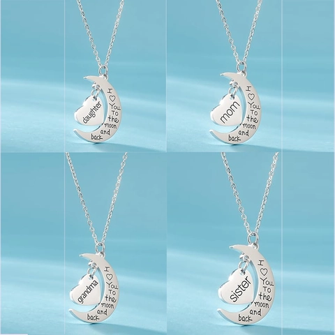 Alloy Moon Heart Pendant Necklace I Love You To The Moon And Back Inscribed Jewelry Gift For Mom Daughter Sister Grandma