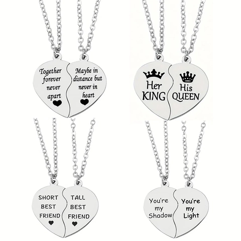 Stainless Steel Heart Puzzle Pendant Necklace Set Couples Friends Engraved King Queen Together Forever Minimalist Jewelry