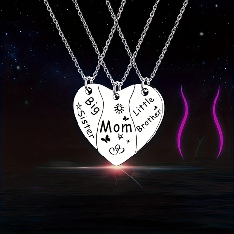 Stainless Steel Heart Puzzle Pendant Necklace Family Gift Mom Big Sister Little Brother Sibling Matching Jewelry Set