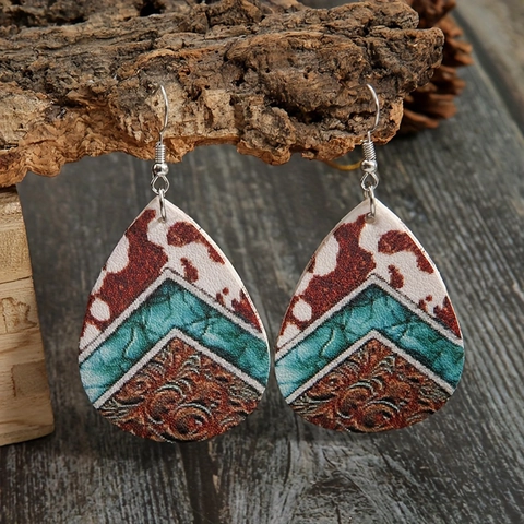 Boucles d'Oreilles Goutte en Similicuir Style Western Imprimé Vache Bohème Turquoise Motif Cuir Sculpté pour Femmes