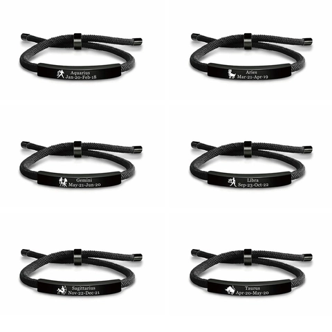 Pulsera de Cuerda Trenzada con Signos del Zodiaco de Acero Inoxidable Grabada para Hombres Mujeres Ajustable 12 Constelaciones Joyería
