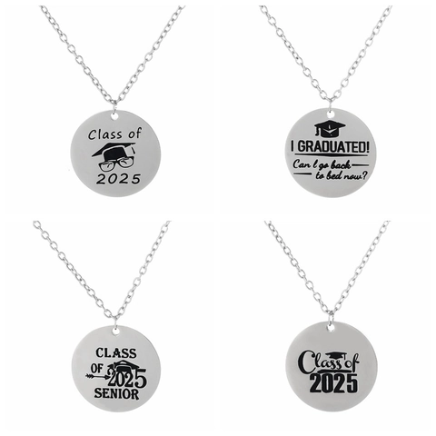 Collier Diplôme Acier Inoxydable Classe De 2025 Pendentif Circulaire Toque Gravé Colliers Pour Étudiants Cadeau Senior