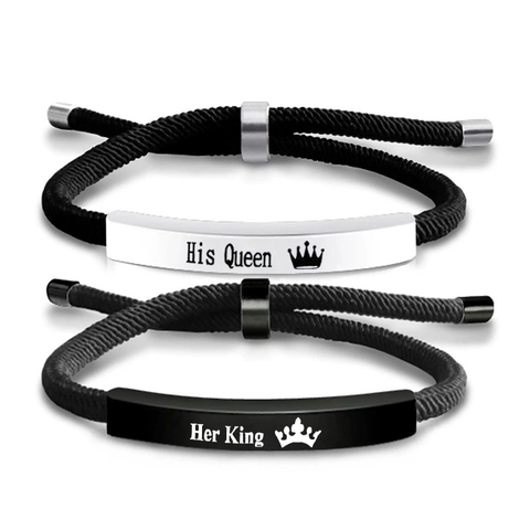 Roestvrij Stalen Koppel Gevlochten Touw Armbanden His Queen Her King Gegraveerd Verstelbare Polsband Sieraden Valentijnsdag Cadeau