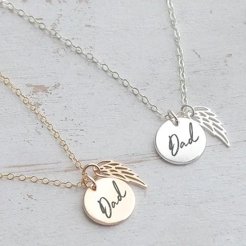 Edelstahl Dad Gravur Rund Anhänger Engel Flügel Halskette Für Damen Gold Silber Gedenkschmuck Geburtstag Geschenk