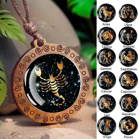 Vintage Holz Sternzeichen Halskette Anhänger Braun Verstellbare Faserschnur Sternenhimmel Glascabochon Unisex Schmuck