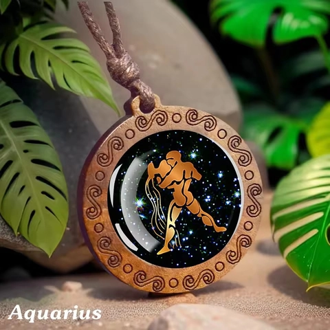 Vintage Holz Sternzeichen Halskette Anhänger Braun Verstellbare Faserschnur Sternenhimmel Glascabochon Unisex Schmuck
