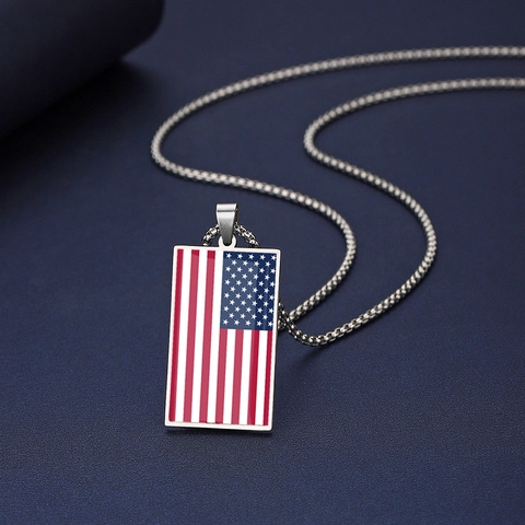 304 Stainless Steel National Flag Pendant Necklace Rectangular Epoxy Drip Glue Sports Souvenir Patriotic Jewelry For Unisex