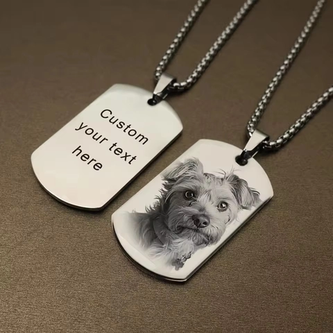 Personalized Photo Dog Tag Necklace Stainless Steel Custom Engraved Picture Text Pendant Necklace Memorial Jewelry Gift