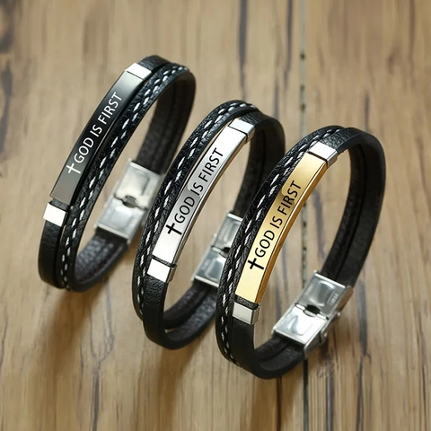 Edelstahl Kreuz GOD IS FIRST Graviertes Lederarmband Für Herren Damen Religiöser Vintage Mode Schmuck Geschenk