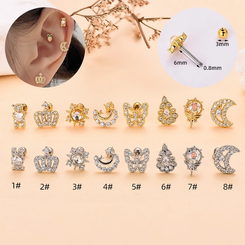 Edelstahl Zirkonia Piercing Ohrstecker Für Damen Bär Krone Schmetterling Mond Stern Knorpel Ohrring Schmuck