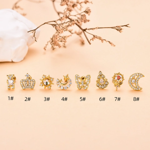 Edelstahl Zirkonia Piercing Ohrstecker Für Damen Bär Krone Schmetterling Mond Stern Knorpel Ohrring Schmuck